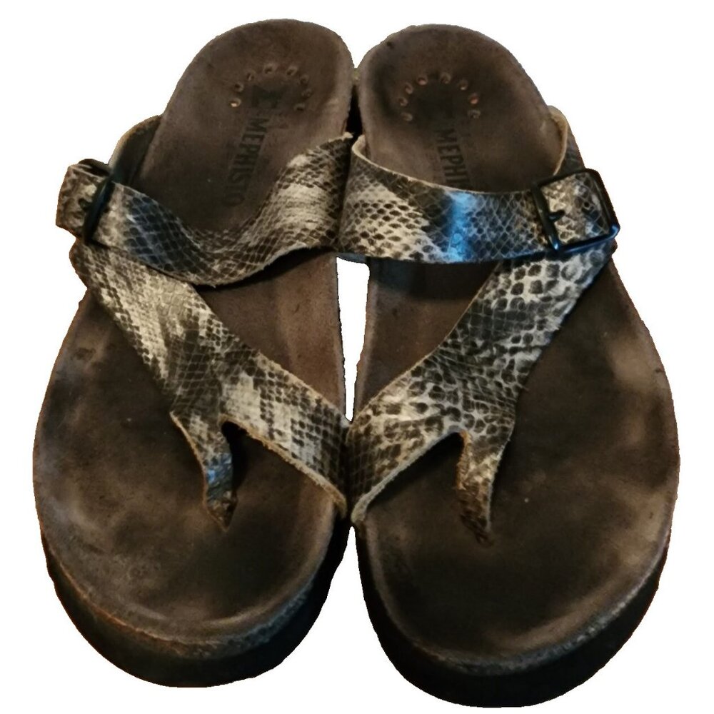 Mephisto Women's Helen Toe Strap Slide Sandals Silver Faux Snake Size EU 37 US 7